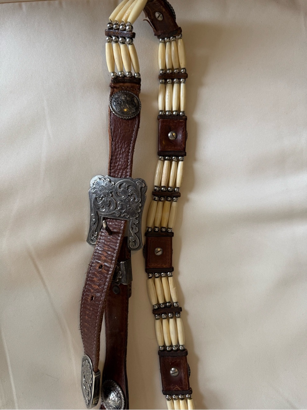 Western Brown Leather Beaded Men's Belt with Silver-Tone Buckle